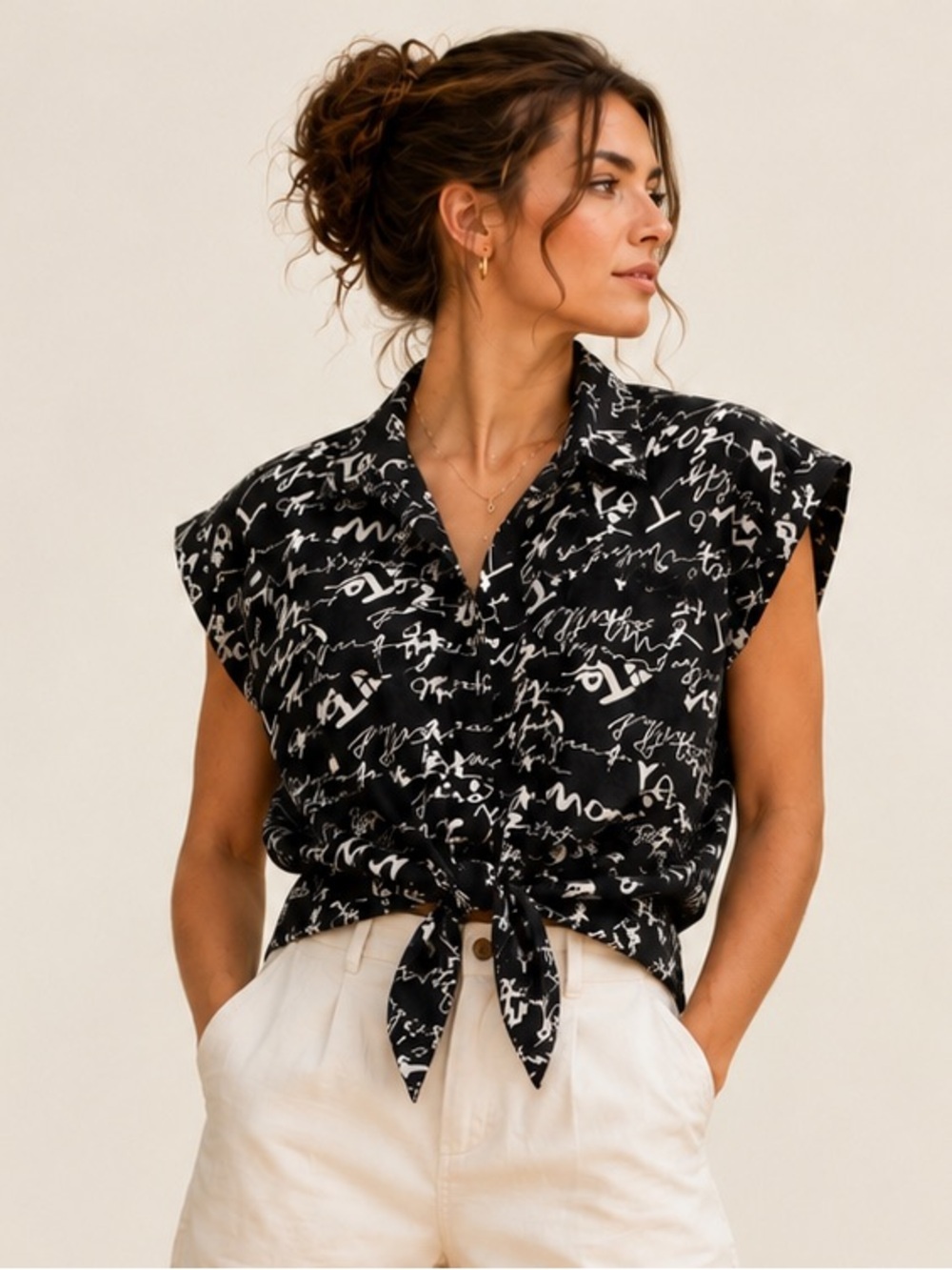 Vintage Top 80s 90s Abstract Script Ramie Cotton Avant Garde Artsy Indie Medium